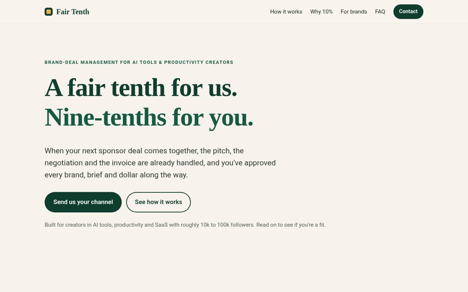 Screenshot of the fairtenth.com homepage