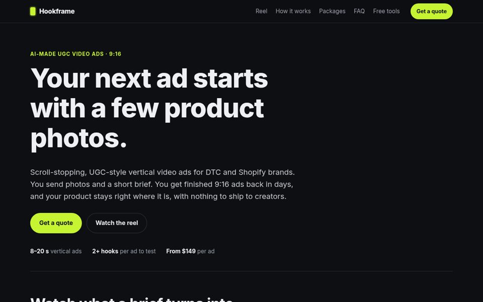 Screenshot of the hookframeads.com homepage
